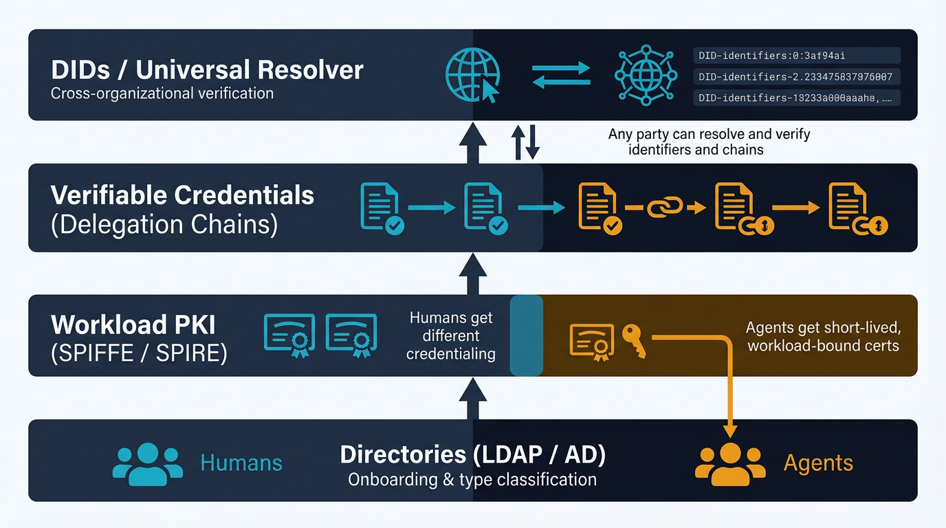 The emerging four-layer IAM architecture for human and agent principals: Directories (LDAP/AD) for onboarding and type classification at the base, Workload PKI (SPIFFE/SPIRE) for cryptographic identity above it, Verifiable Credentials carrying delegation chains next, and DIDs plus Universal Resolver for cross-organizational verification at the top. Human and agent principals flow through all four layers via structurally distinct credential types.