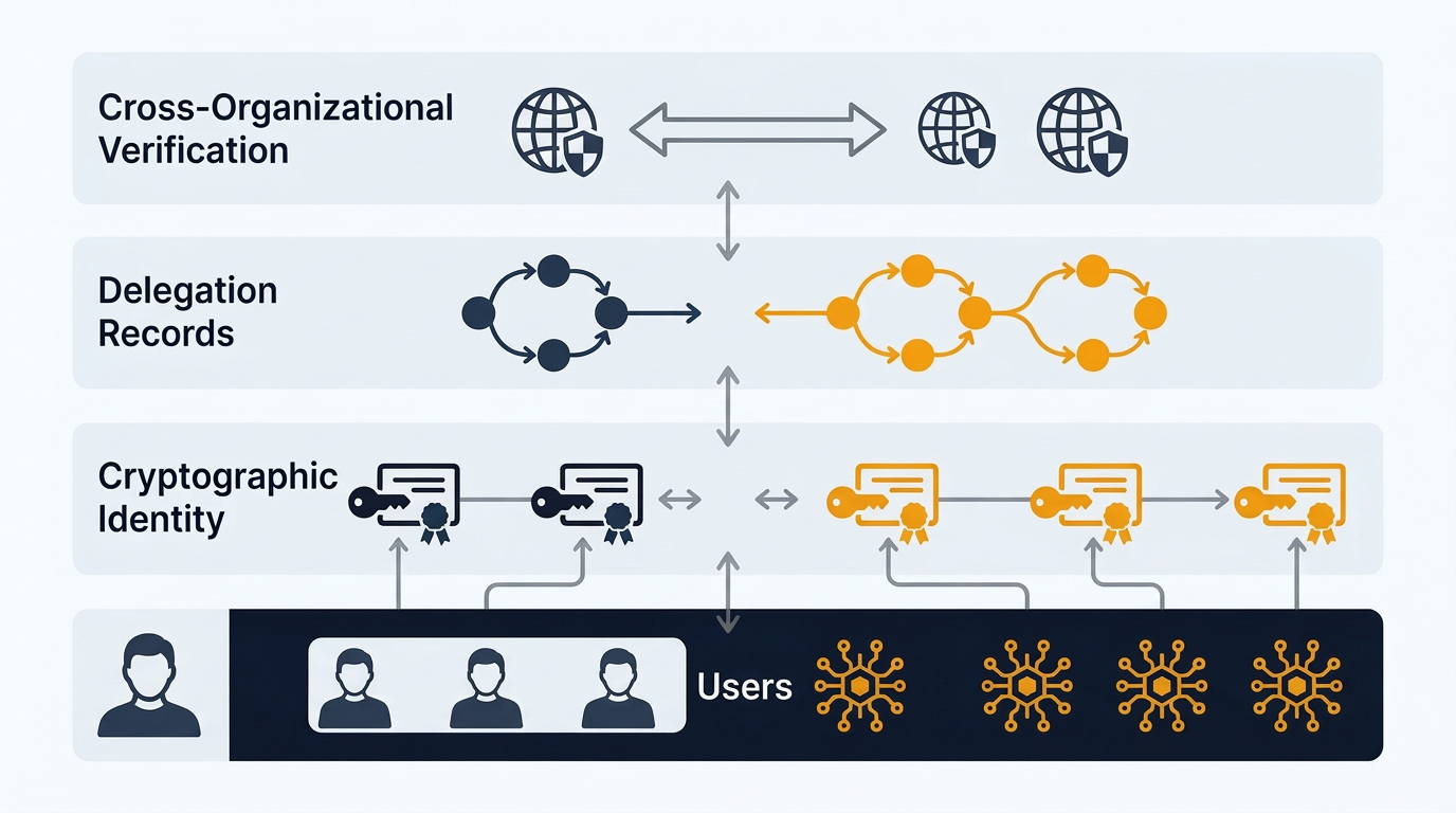 A four-layer architecture for agent identity: organizational directories at the base, cryptographic identity above, delegation records next, and cross-organizational verification at the top. Human users connect on one side, AI agents on the other.