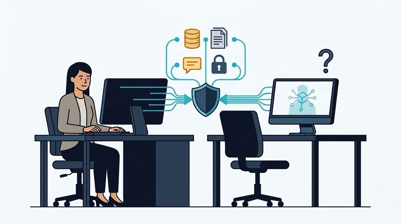 A person at a desk surrounded by automated data and system icons, with an empty chair beside them representing a new kind of non-human actor inside the organization.